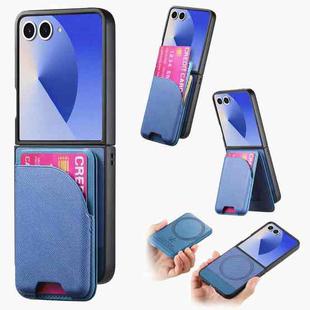 For Samsung Galaxy Z Flip7 5G Twill Fabric Leather Skin Card Bag Magnetic Back Phone Case(Blue)