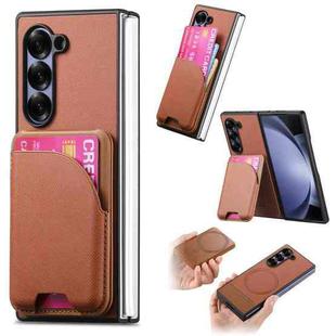 For Samsung Galaxy Z Fold5 Twill Fabric Leather Skin Card Bag Magnetic Back Phone Case(Brown)