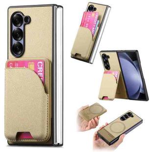 For Samsung Galaxy Z Fold5 Twill Fabric Leather Skin Card Bag Magnetic Back Phone Case(Khaki)