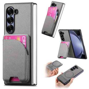 For Samsung Galaxy Z Fold5 Twill Fabric Leather Skin Card Bag Magnetic Back Phone Case(Gray)