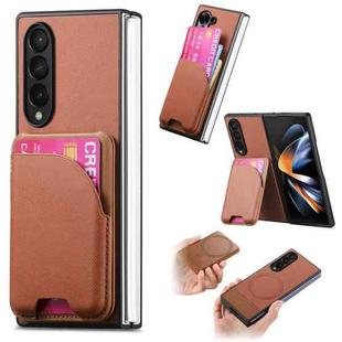 For Samsung Galaxy Z Fold4 Twill Fabric Leather Skin Card Bag Magnetic Back Phone Case(Brown)