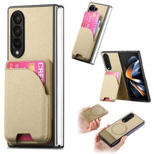 For Samsung Galaxy Z Fold4 Twill Fabric Leather Skin Card Bag Magnetic Back Phone Case(Khaki)