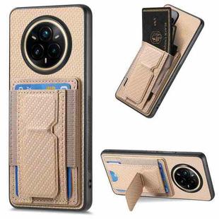 For Realme 14 Pro+ Carbon Fiber Fold Stand Elastic Card Bag Phone Case(Khaki)