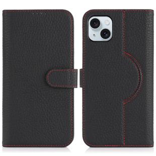 For iPhone 15 Genuine Leather Card Wallet MagSafe Phone Case(Litchi Black)