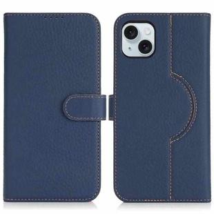 For iPhone 15 Genuine Leather Card Wallet MagSafe Phone Case(Litchi Dark Blue)