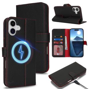 For iPhone 16 Plus Genuine Leather Card Wallet MagSafe Phone Case(Litchi Black)
