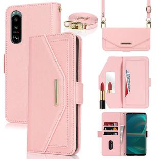 For Sony Xperia 5 III Cross Texture Crossbody Lanyard Leather Phone Case(Pink)
