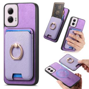 For Motorola Moto G55 Retro Cross Leather Ring Vertical Insert Card Bag MagSafe Phone Case(Purple)