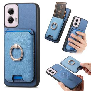 For Motorola Moto G 5G 2024 Retro Cross Leather Ring Vertical Insert Card Bag MagSafe Phone Case(Blue)