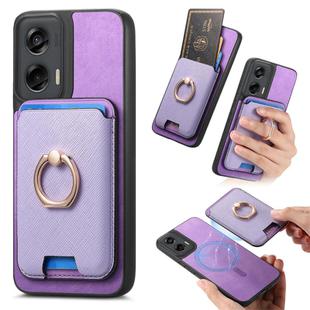 For Motorola Moto G Stylus 5G 2024 Retro Cross Leather Ring Vertical Insert Card Bag MagSafe Phone Case(Purple)