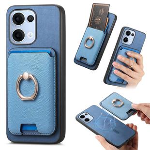 For OPPO Reno13 Global Retro Cross Leather Ring Vertical Insert Card Bag MagSafe Phone Case(Blue)