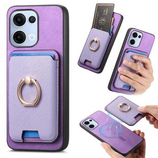 For OPPO Reno13 Global Retro Cross Leather Ring Vertical Insert Card Bag MagSafe Phone Case(Purple)