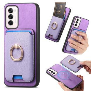 For OPPO Reno12 Pro Global Retro Cross Leather Ring Vertical Insert Card Bag MagSafe Phone Case(Purple)