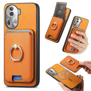 For OPPO Reno11 Pro Global Retro Cross Leather Ring Vertical Insert Card Bag MagSafe Phone Case(Yellow)