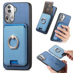 For OPPO Reno11 Pro Global Retro Cross Leather Ring Vertical Insert Card Bag MagSafe Phone Case(Blue)