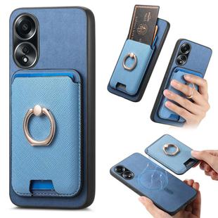 For OPPO A58 4G Retro Cross Leather Ring Vertical Insert Card Bag MagSafe Phone Case(Blue)