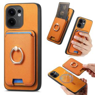 For OPPO Reno13 F Retro Cross Leather Ring Vertical Insert Card Bag MagSafe Phone Case(Yellow)