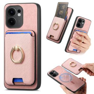 For OPPO Reno13 F Retro Cross Leather Ring Vertical Insert Card Bag MagSafe Phone Case(Pink)