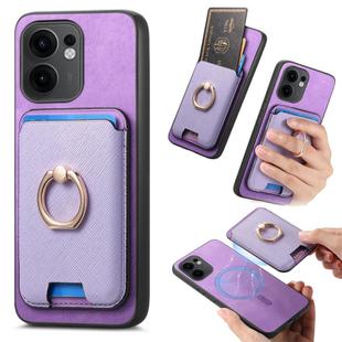 For OPPO Reno13 F Retro Cross Leather Ring Vertical Insert Card Bag MagSafe Phone Case(Purple)