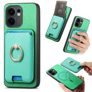 For OPPO Reno13 F Retro Cross Leather Ring Vertical Insert Card Bag MagSafe Phone Case(Green)