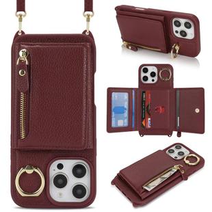 For iPhone 7 Plus / 8 Plus Crossbody Zipper Wallet Ring Holder Litchi Leather Phone Case(Red wine)