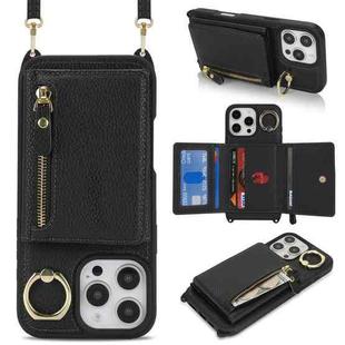 For iPhone 7 Plus / 8 Plus Crossbody Zipper Wallet Ring Holder Litchi Leather Phone Case(Black)