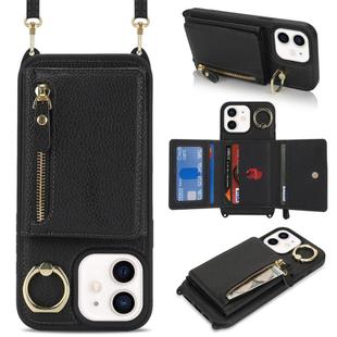 For iPhone 11 Crossbody Zipper Wallet Ring Holder Litchi Leather Phone Case(Black)