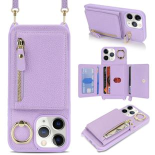 For iPhone 11 Pro Crossbody Zipper Wallet Ring Holder Litchi Leather Phone Case(Purple)
