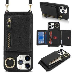 For iPhone 11 Pro Crossbody Zipper Wallet Ring Holder Litchi Leather Phone Case(Black)