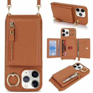 For iPhone 11 Pro Max Crossbody Zipper Wallet Ring Holder Litchi Leather Phone Case(Brown)