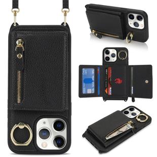 For iPhone 11 Pro Max Crossbody Zipper Wallet Ring Holder Litchi Leather Phone Case(Black)
