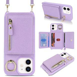 For iPhone 12 mini Crossbody Zipper Wallet Ring Holder Litchi Leather Phone Case(Purple)