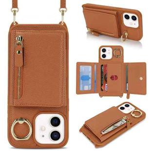 For iPhone 12 mini Crossbody Zipper Wallet Ring Holder Litchi Leather Phone Case(Brown)
