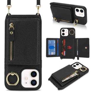 For iPhone 12 mini Crossbody Zipper Wallet Ring Holder Litchi Leather Phone Case(Black)