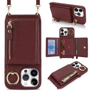 For iPhone 12 / 12 Pro Crossbody Zipper Wallet Ring Holder Litchi Leather Phone Case(Red wine)