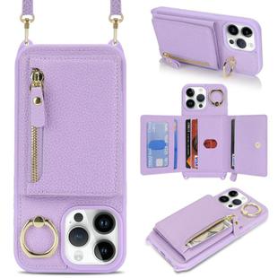 For iPhone 13 Pro Max / 12 Pro Max Crossbody Zipper Wallet Ring Holder Litchi Leather Phone Case(Purple)