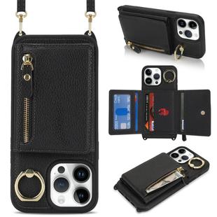 For iPhone 13 Pro Max / 12 Pro Max Crossbody Zipper Wallet Ring Holder Litchi Leather Phone Case(Black)
