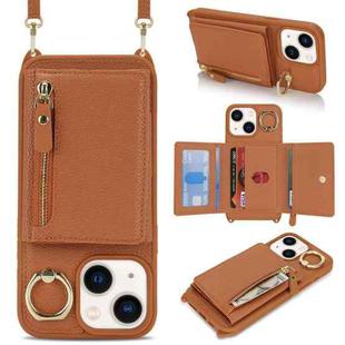 For iPhone 13 mini Crossbody Zipper Wallet Ring Holder Litchi Leather Phone Case(Brown)