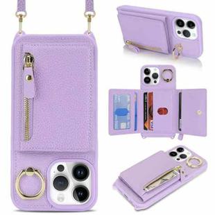 For iPhone 13 Pro Crossbody Zipper Wallet Ring Holder Litchi Leather Phone Case(Purple)