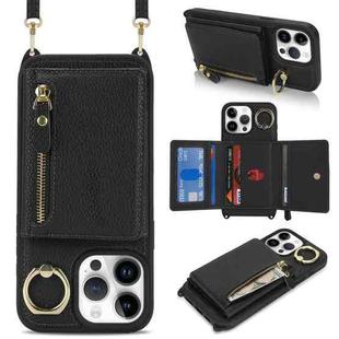 For iPhone 13 Pro Crossbody Zipper Wallet Ring Holder Litchi Leather Phone Case(Black)
