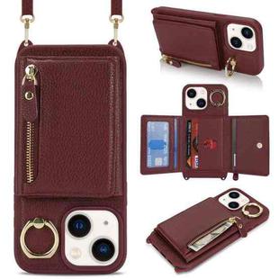 For iPhone 14 / 13 Crossbody Zipper Wallet Ring Holder Litchi Leather Phone Case(Red wine)