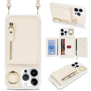 For iPhone 14 Pro Crossbody Zipper Wallet Ring Holder Litchi Leather Phone Case(Apricot)