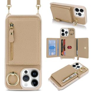 For iPhone 14 Pro Crossbody Zipper Wallet Ring Holder Litchi Leather Phone Case(Rose Gold)