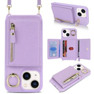 For iPhone 15 Plus / 14 Plus Crossbody Zipper Wallet Ring Holder Litchi Leather Phone Case(Purple)