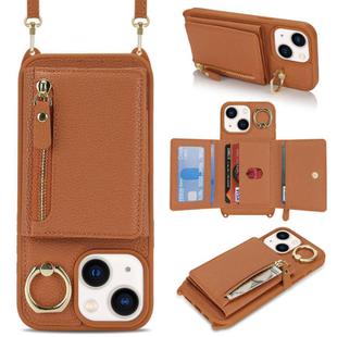 For iPhone 15 Plus / 14 Plus Crossbody Zipper Wallet Ring Holder Litchi Leather Phone Case(Brown)