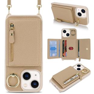 For iPhone 15 Crossbody Zipper Wallet Ring Holder Litchi Leather Phone Case(Rose Gold)