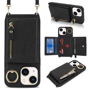 For iPhone 15 Crossbody Zipper Wallet Ring Holder Litchi Leather Phone Case(Black)