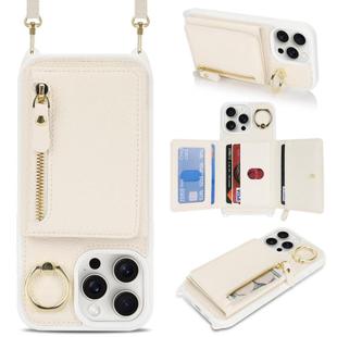 For iPhone 15 Pro Crossbody Zipper Wallet Ring Holder Litchi Leather Phone Case(Apricot)