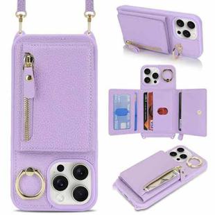 For iPhone 15 Pro Crossbody Zipper Wallet Ring Holder Litchi Leather Phone Case(Purple)