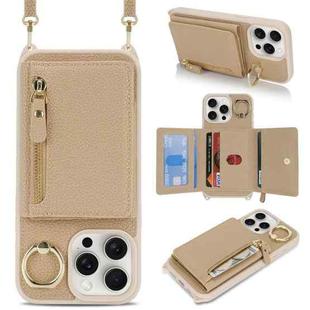 For iPhone 15 Pro Crossbody Zipper Wallet Ring Holder Litchi Leather Phone Case(Rose Gold)